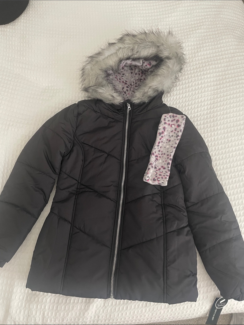 Girls' Black Hooded Puffer Jacket with Faux-Fur Trim and Leopard Lining